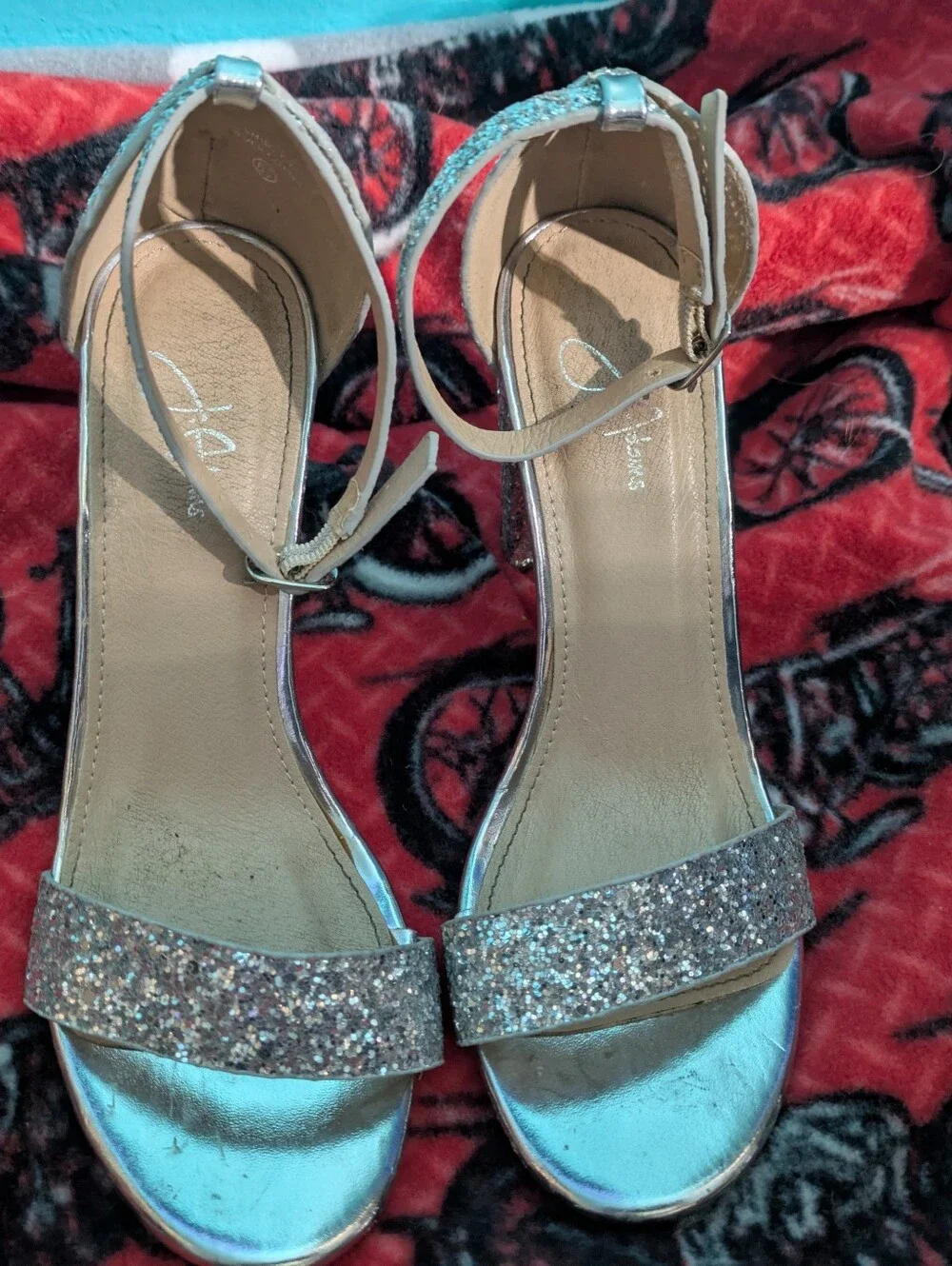 J. Adams Silver Glitter Ankle Strap Heels - Prom/Night Out